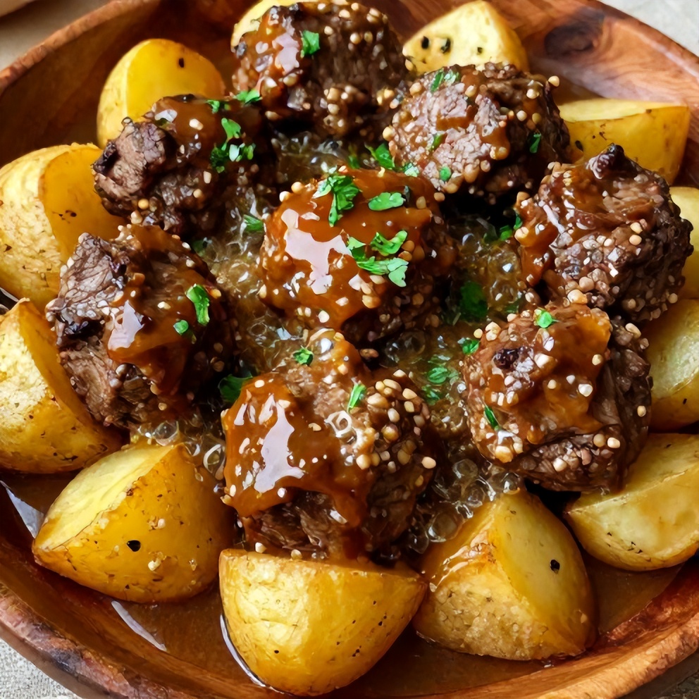 Slow Cooker Garlic Butter Beef Bites with Potatoes