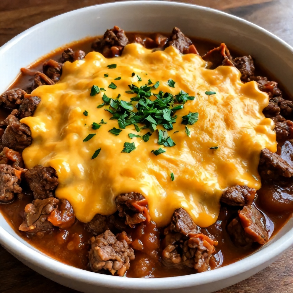 Slow Cooker Ground Beef Goulash with Cheddar Cheese served