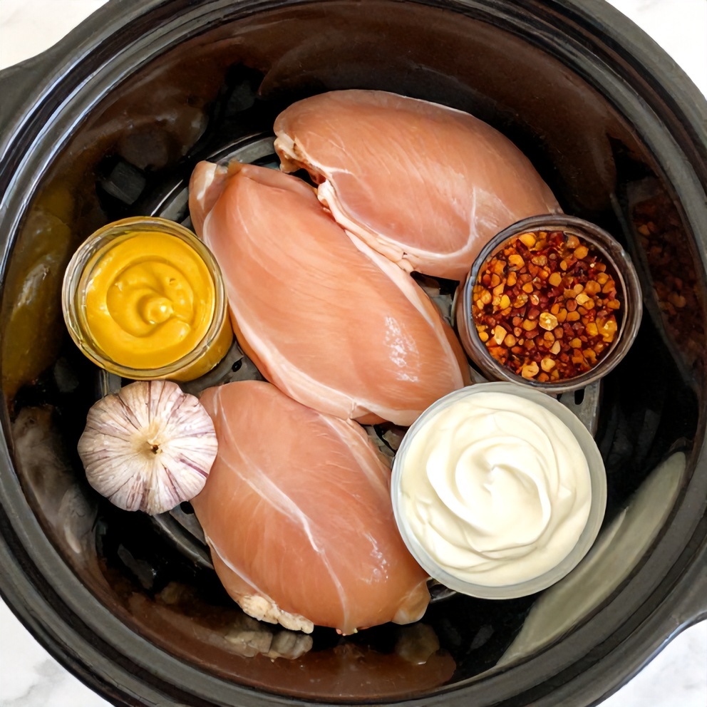 Raw ingredients for honey mustard chicken in the slow cooker
