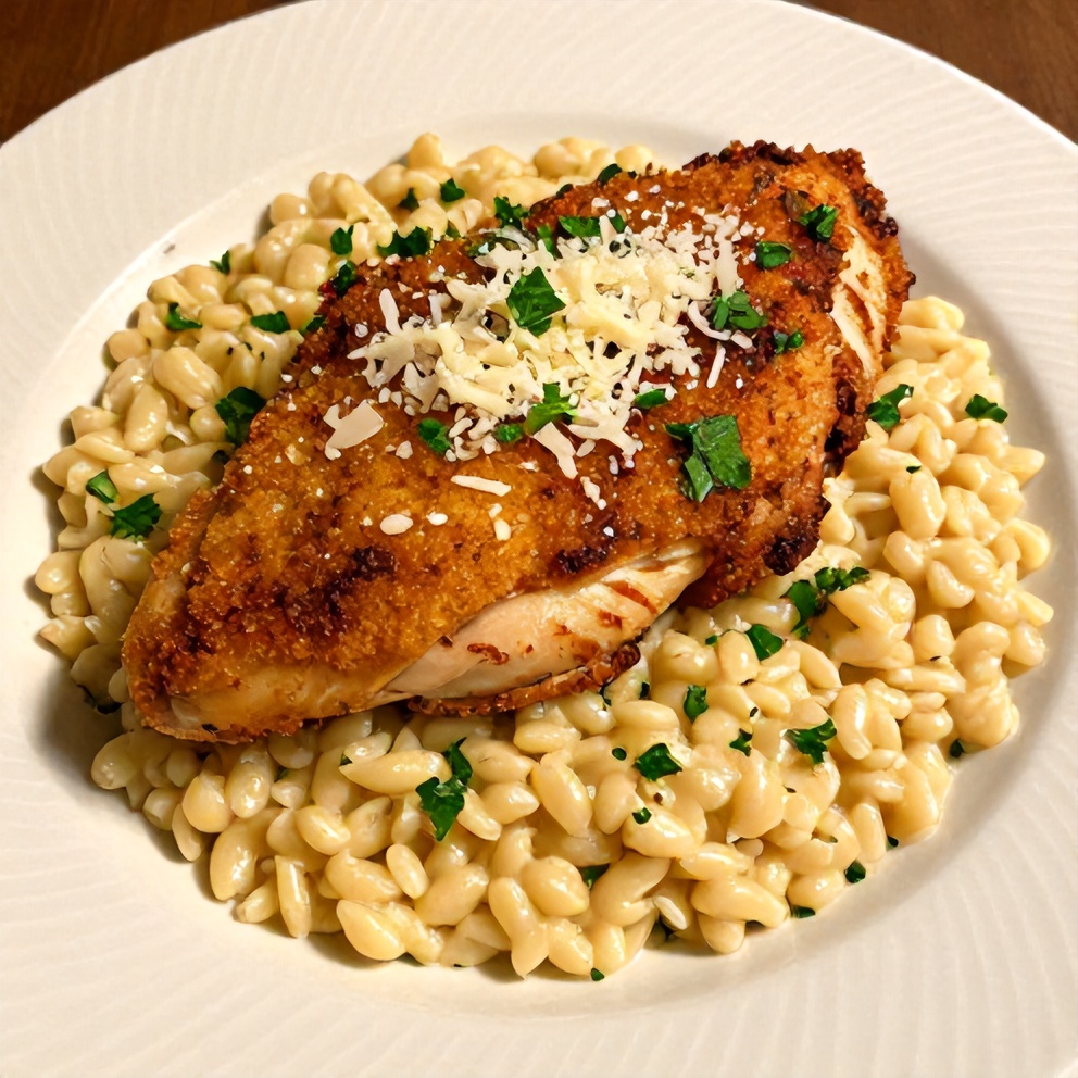 Parmesan Herb Chicken with Creamy Orzo plated