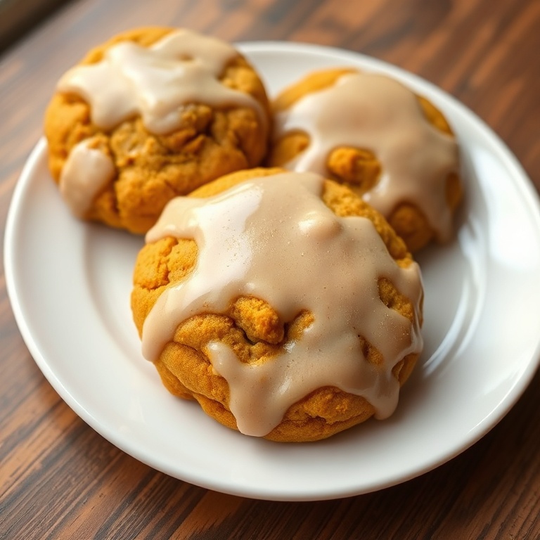 Plated Soft Pumpkin Spice Cookies with Maple Glaze. Topped with a glossy glaze. Served on a white plate. Warm side lighting shows texture. Photorealistic food photography.