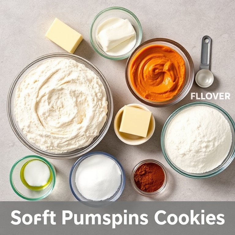 Raw ingredients for Soft Pumpkin Spice Cookies. Flour, butter, pumpkin puree, sugar, and spices arranged in an overhead flat lay. Measuring tools and bowls visible. Bright natural light.