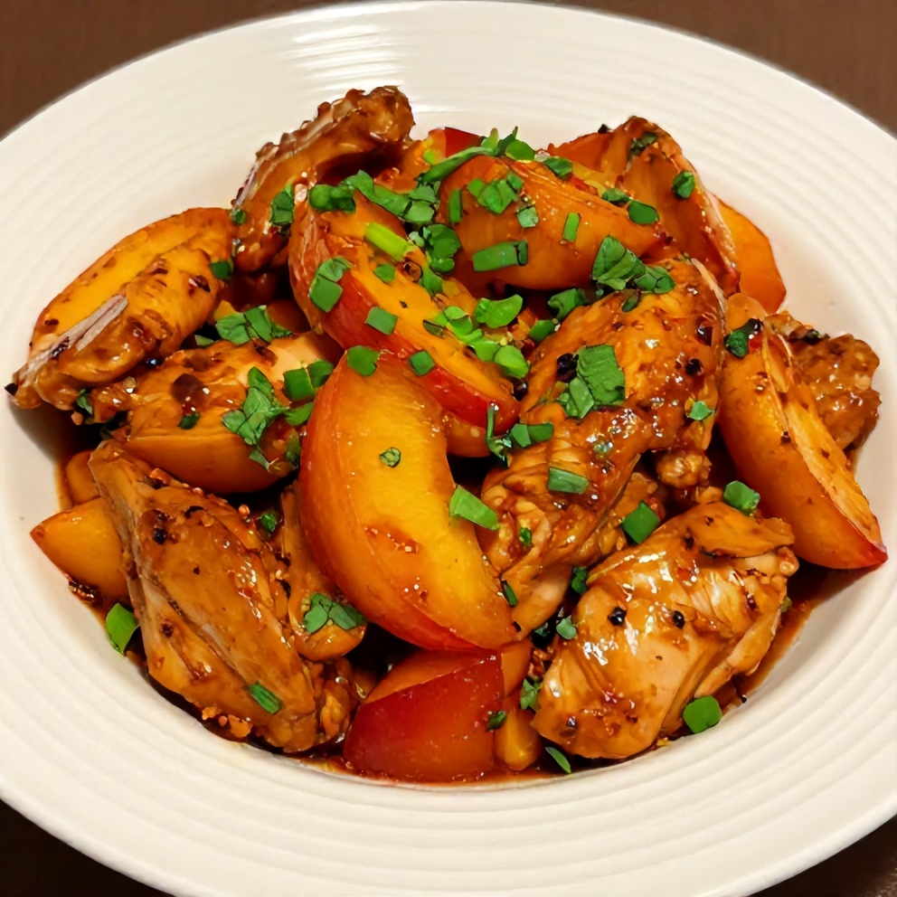 Plated Spicy Jalapeño Peach Chicken with garnish