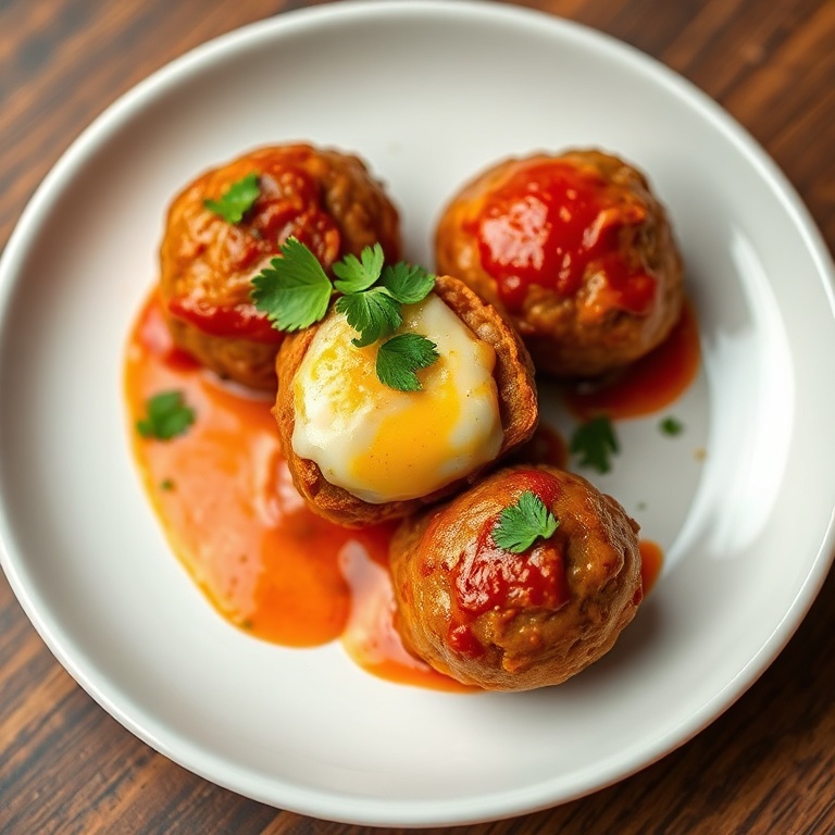 Perfectly plated spicy Mexican meatballs with melty cheese center. Topped with cilantro. White ceramic plate. Warm lighting showing texture. Photorealistic food photography style.
