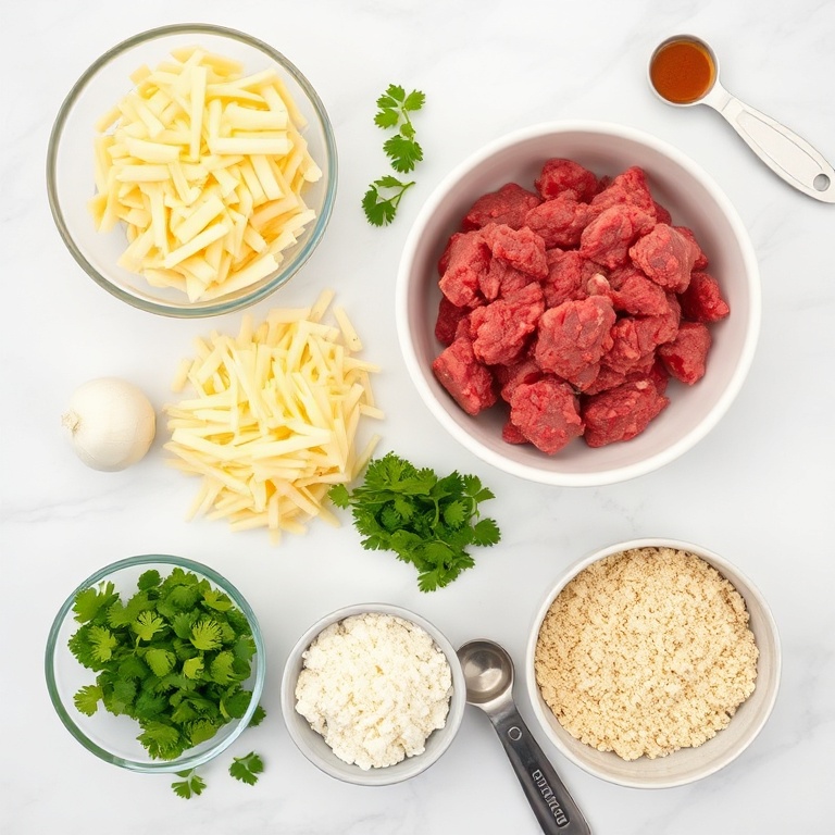 Raw ingredients for spicy Mexican meatballs. Ground beef, cheese, garlic, onion, breadcrumbs, and spices. Overhead flat lay. Measuring spoons and bowls visible. White marble surface. Bright even light.
