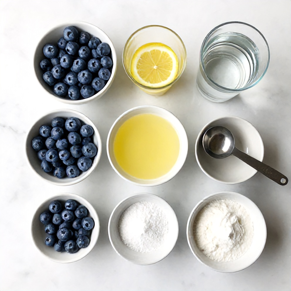 Blueberries, lemon juice, water, and sweetener on a wooden surface