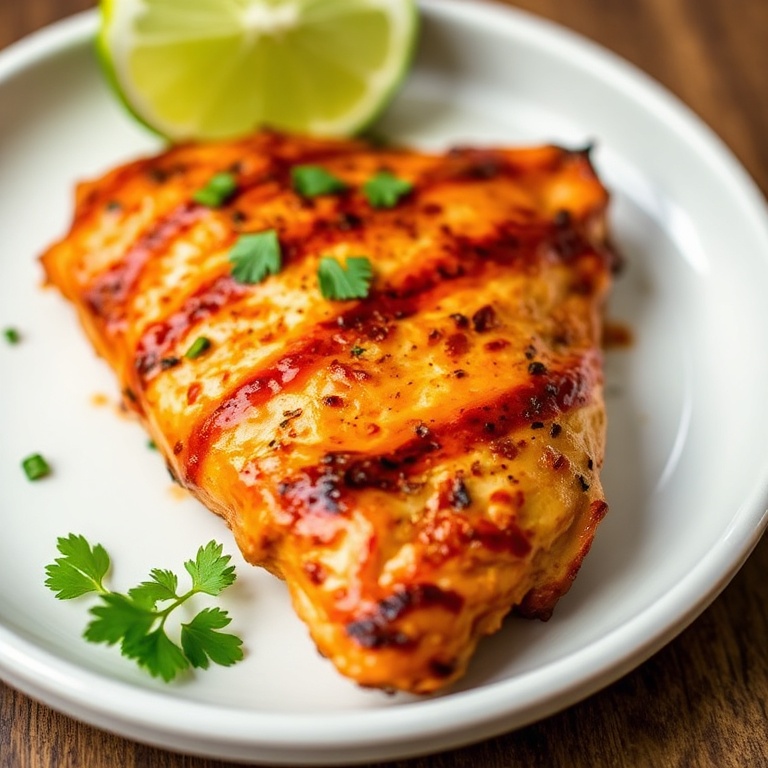 Sweet Chili Coconut Lime Grilled Chicken. Served on a white ceramic plate with a green herb garnish. Close-up showing the glaze and crispy edges. Warm side lighting highlights texture.