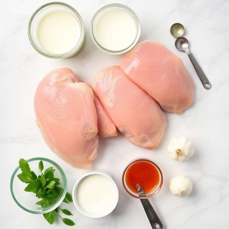 Raw ingredients for Sweet Chili Coconut Lime Grilled Chicken. Chicken thighs, coconut milk, lime, sweet chili sauce, and garlic arranged in an overhead flat lay. Measuring spoons and bowls visible. Bright even light. White marble surface.