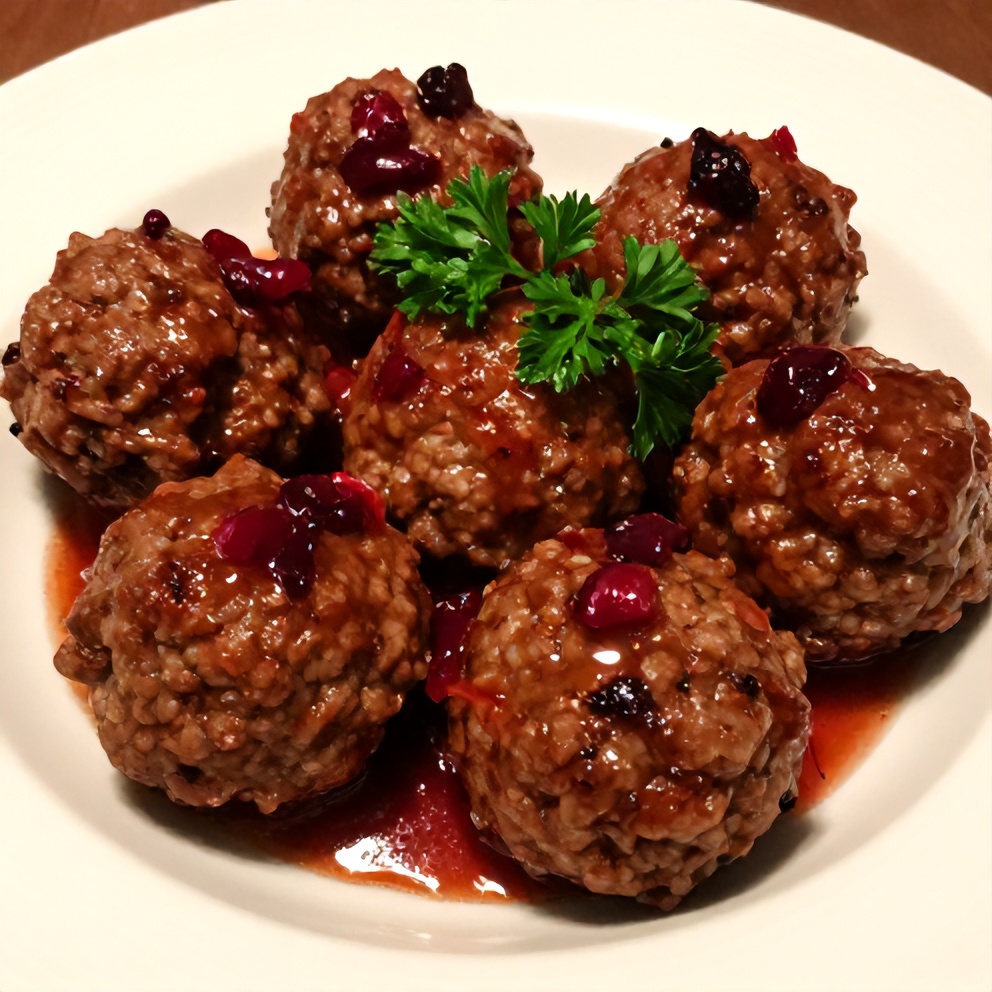 Plated serving of sweet and tangy cranberry meatballs