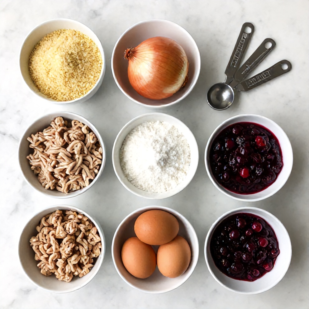 Raw ingredients for cranberry meatballs on a marble surface