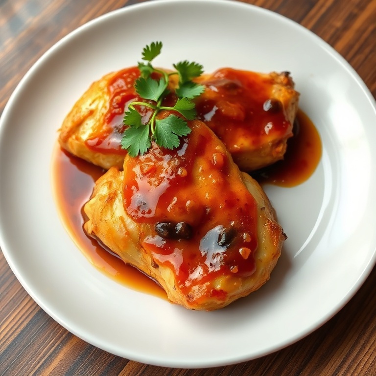 Plated chicken with tangy glaze, fresh cilantro garnish, white ceramic plate, warm side lighting, photorealistic