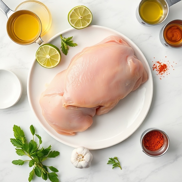 Raw chicken, key lime, garlic, olive oil, paprika arranged in overhead flat lay, measuring spoons and cups visible, white marble surface