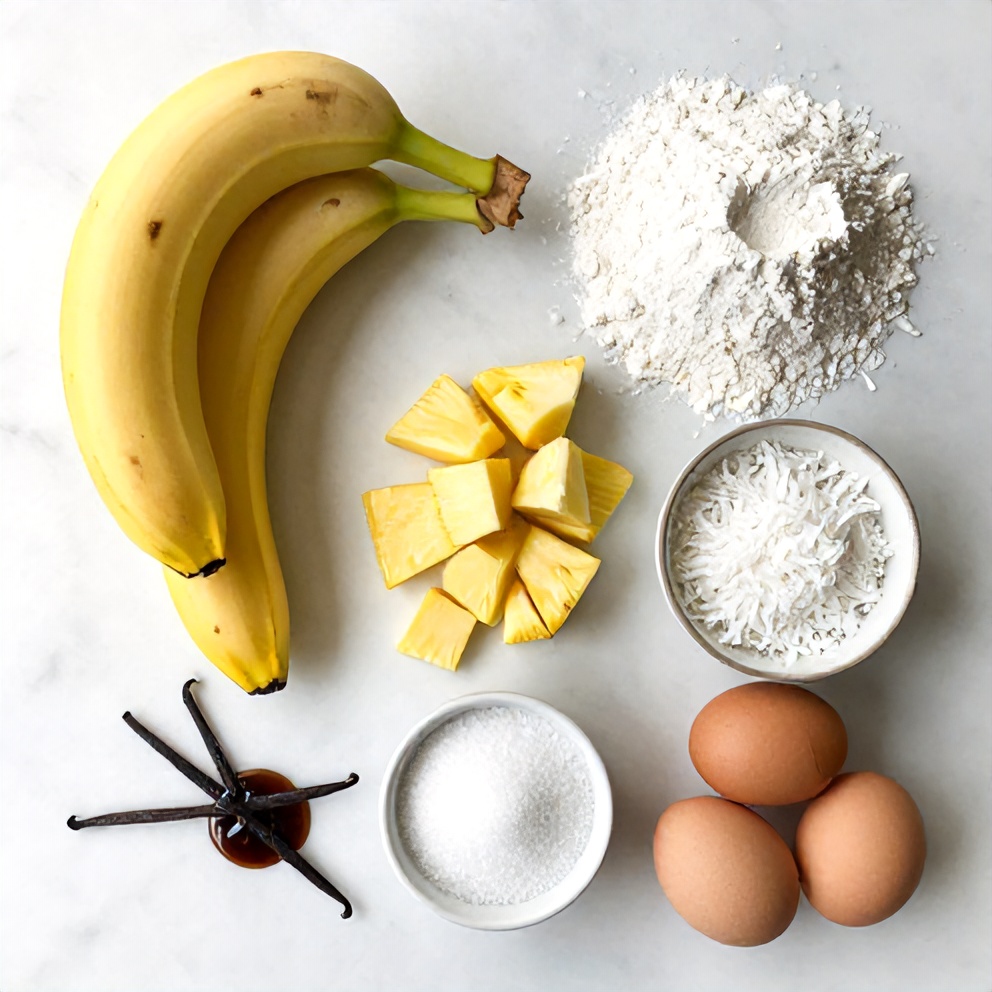 Bananas, pineapple, coconut, flour, and other ingredients laid out