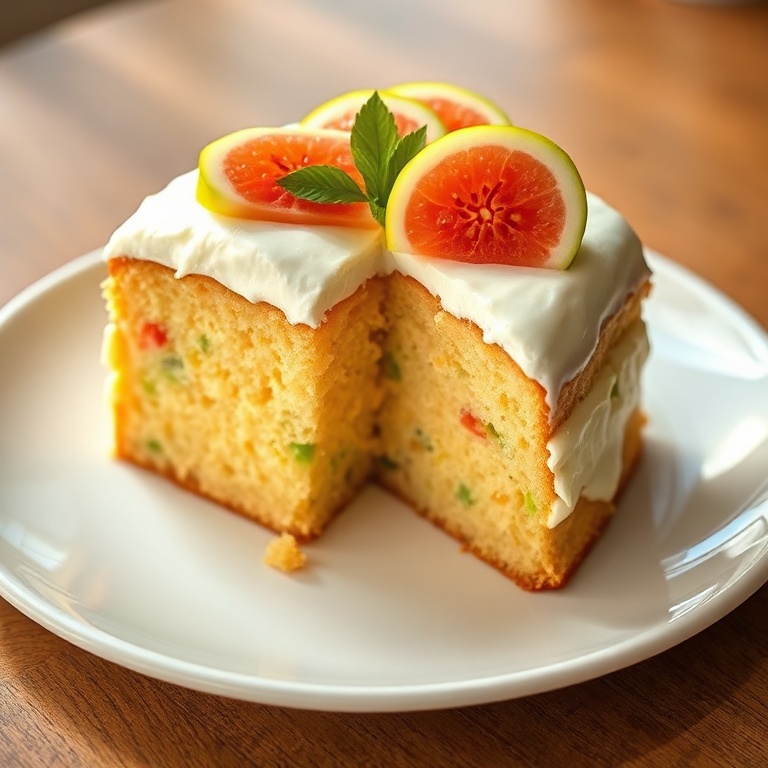 Tropical Hawaiian Guava Cake sliced. Cream cheese frosting on top. Garnished with fresh guava slices. White porcelain plate.