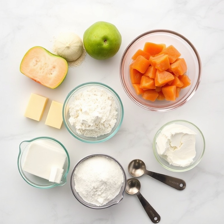 Raw ingredients for Tropical Hawaiian Guava Cake. Guava paste, butter, flour, sugar, cream cheese. Measuring bowls and spoons. White marble surface.