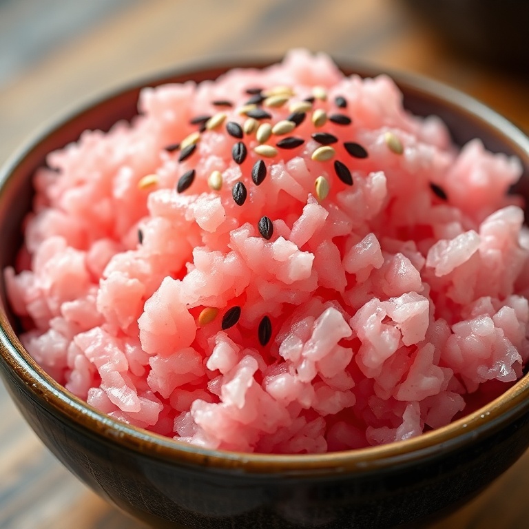 Pink sushi rice in a bowl. Garnished with sesame seeds. Close-up. Warm side light. Photorealistic food photo.
