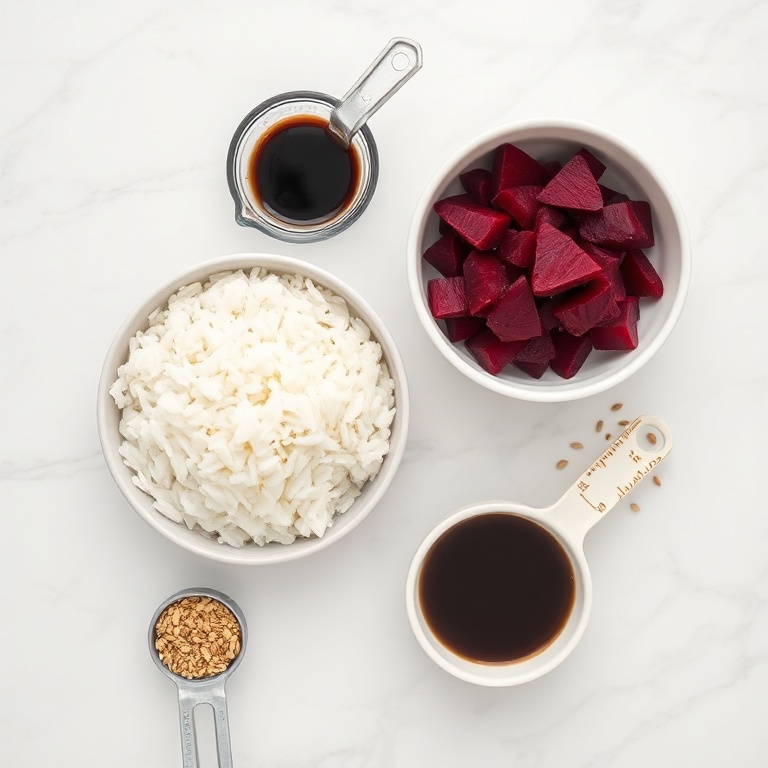 Rice, beets, soy sauce, rice vinegar, sesame seeds. Measuring cups and bowls. White marble surface.