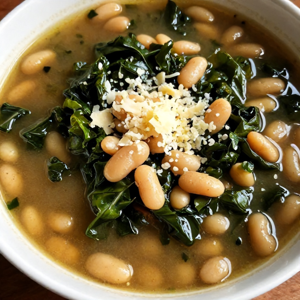 Bowl of White Bean and Kale Soup with a sprinkle of parmesan