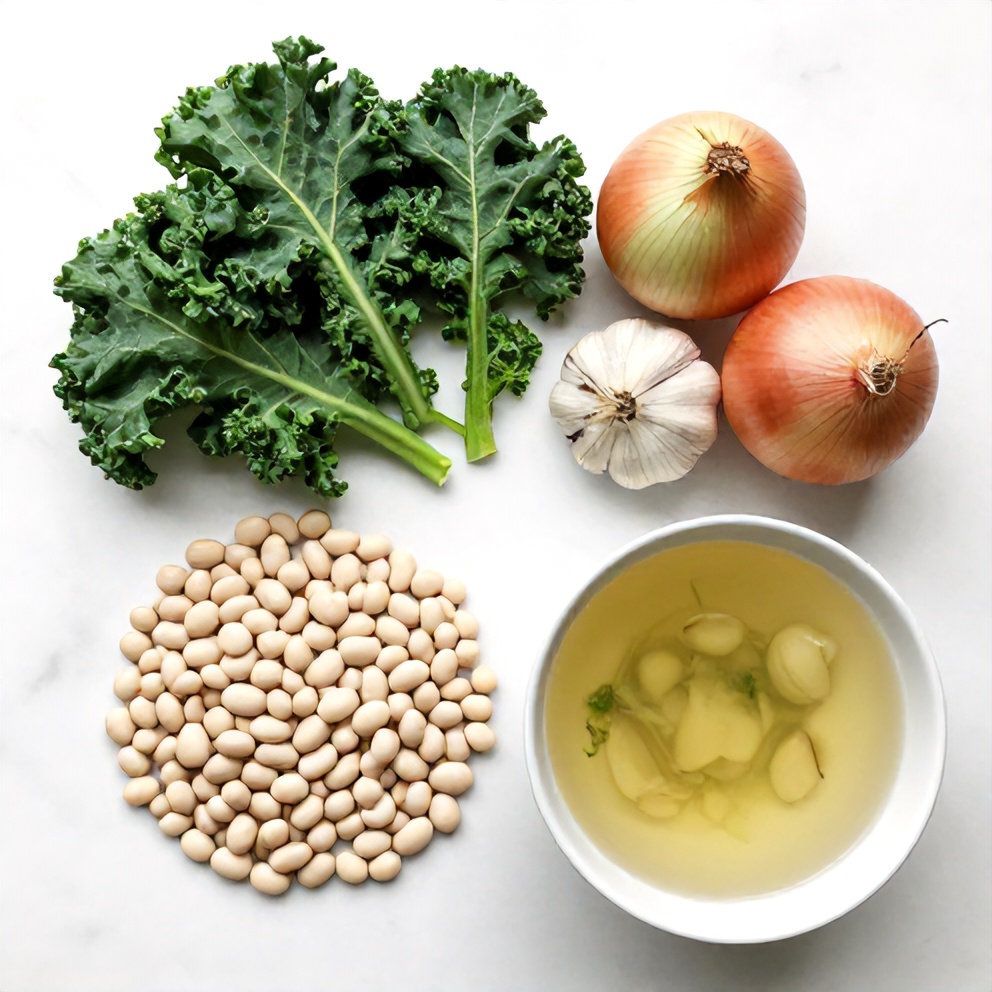 White beans, kale, onion, garlic, and vegetable broth on a wooden surface