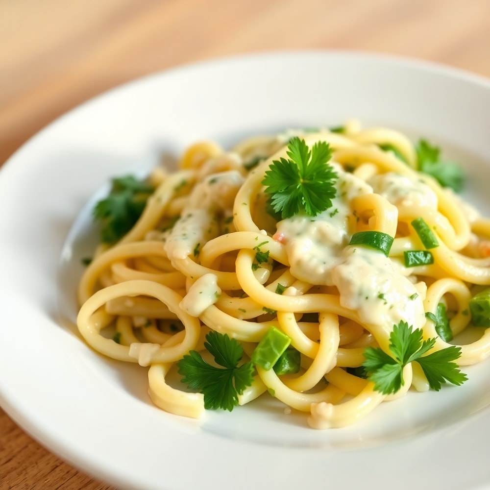 Plated green goddess pasta salad with fresh parsley garnish