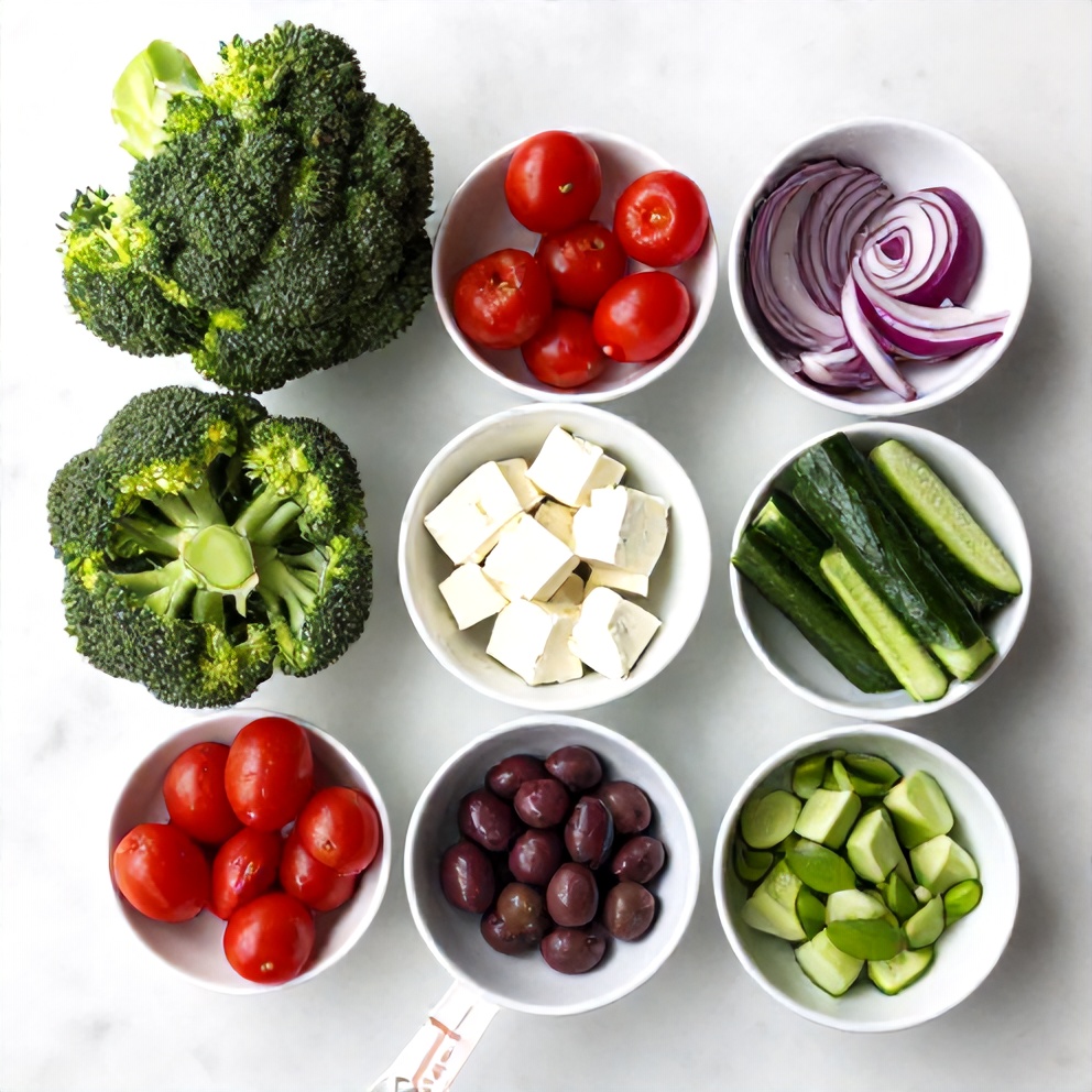 Raw ingredients for green goddess pasta salad on a wooden surface