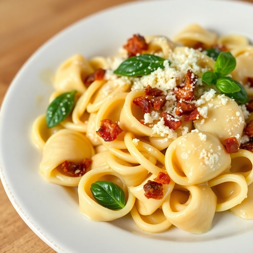 Plated tortellini carbonara with grated parmesan