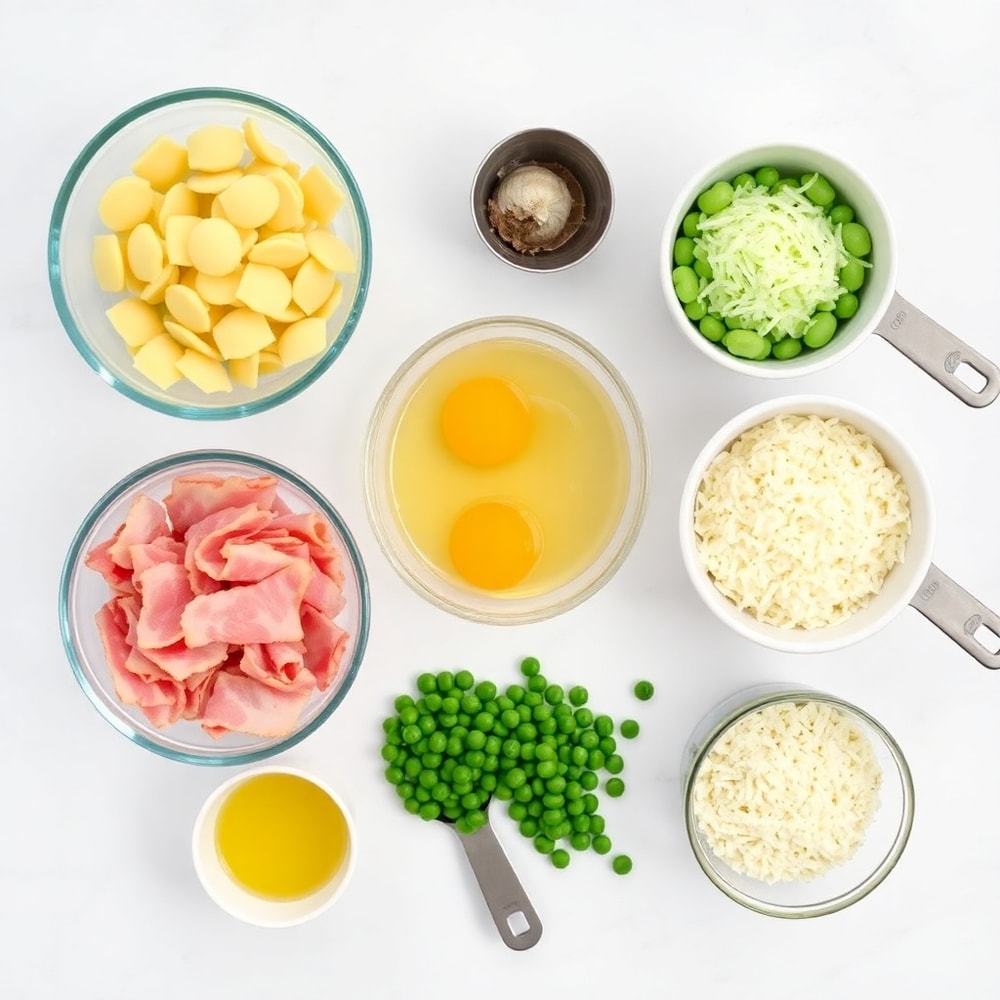 Raw ingredients for tortellini carbonara: cheese, eggs, bacon, garlic, pasta, peas