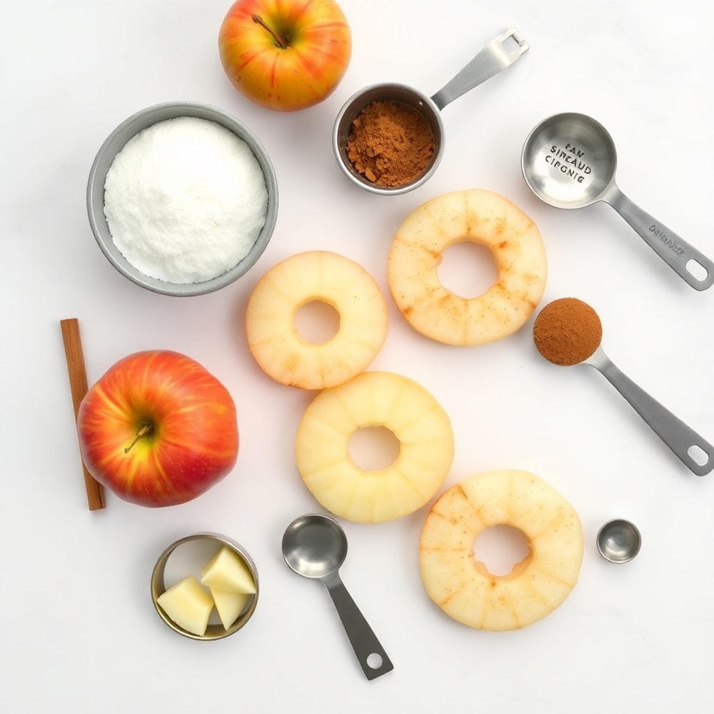 Raw ingredients for Air Fryer Cinnamon Apple Rings on a marble surface