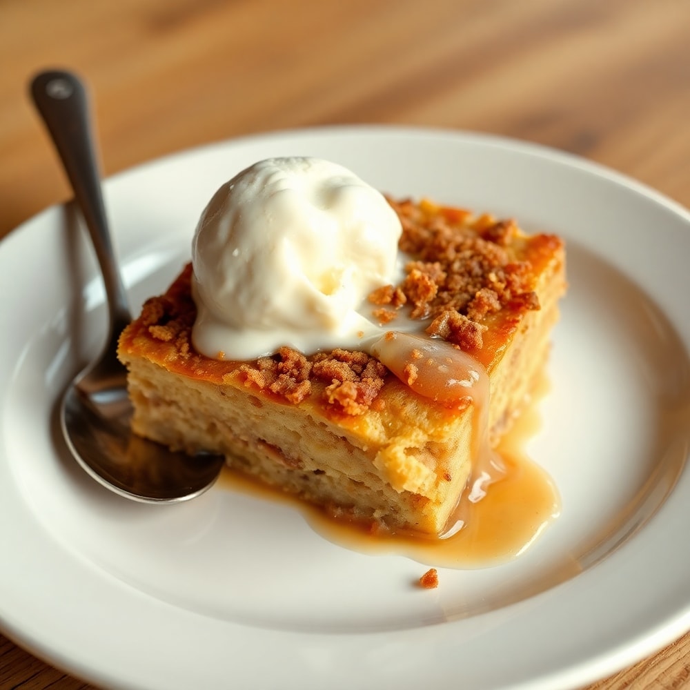 Plated Amish Cinnamon Flop with a scoop of vanilla ice cream