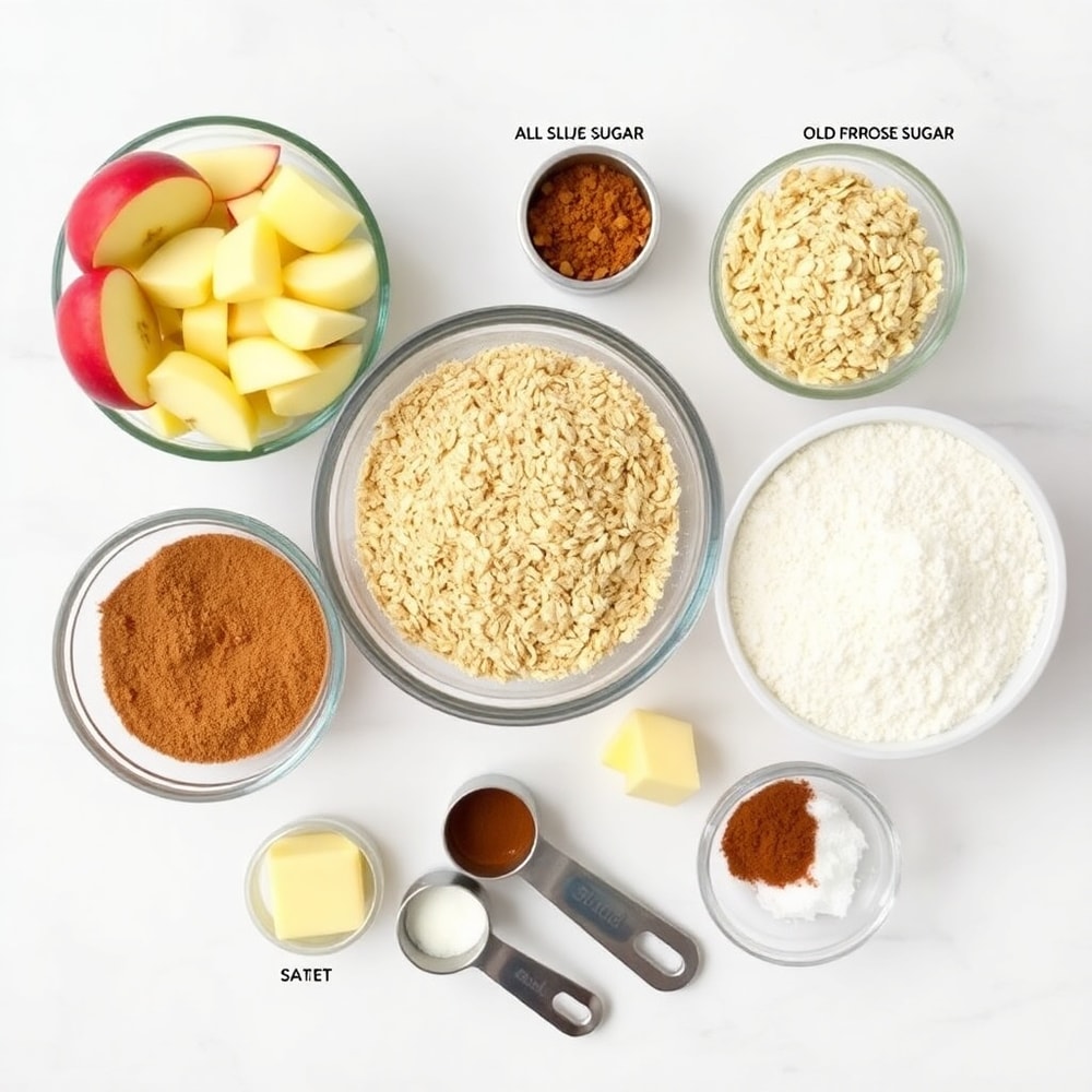 Raw ingredients for Amish Cinnamon Flop including apples, cinnamon, and oats