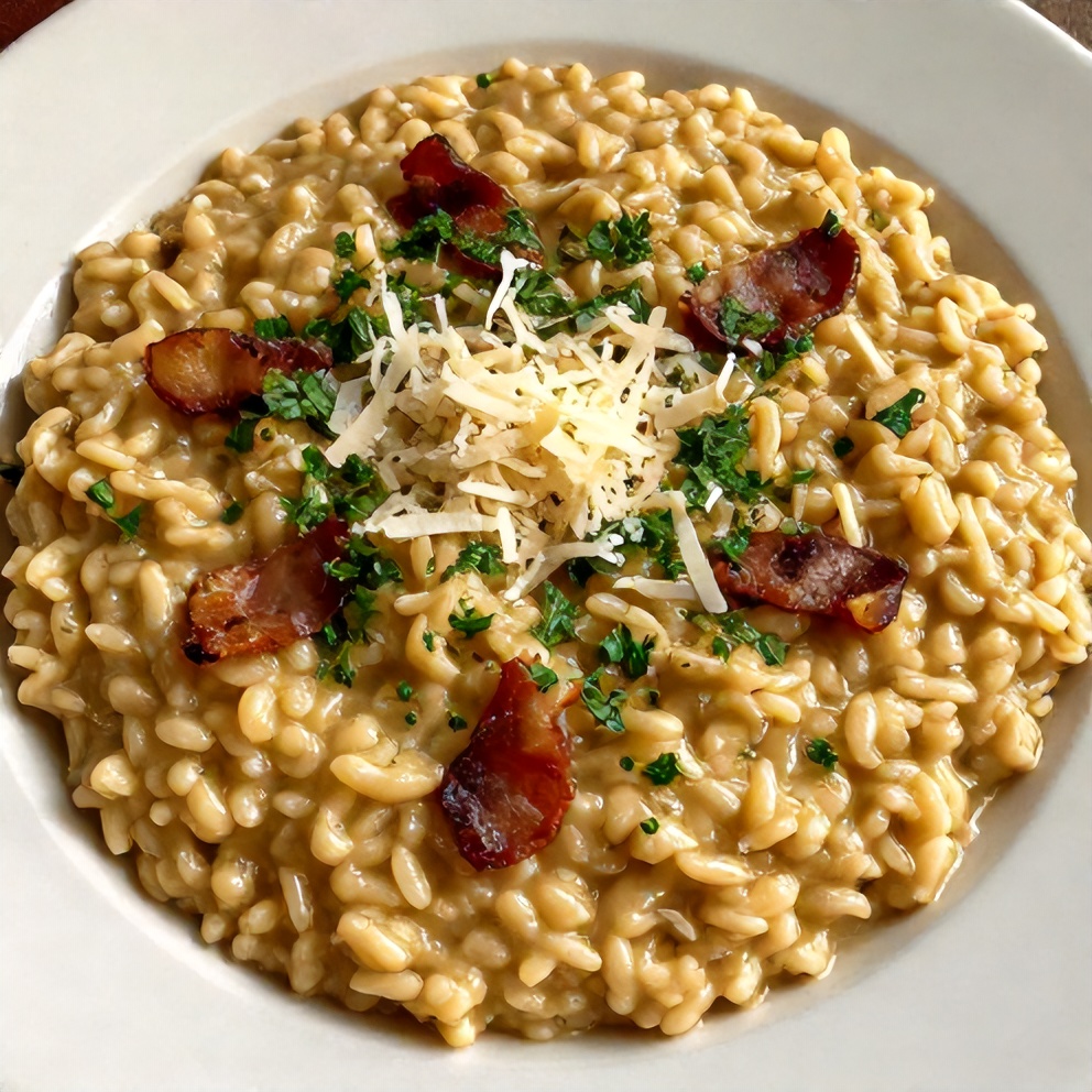 Plated bacon parmesan risotto with parmesan cheese