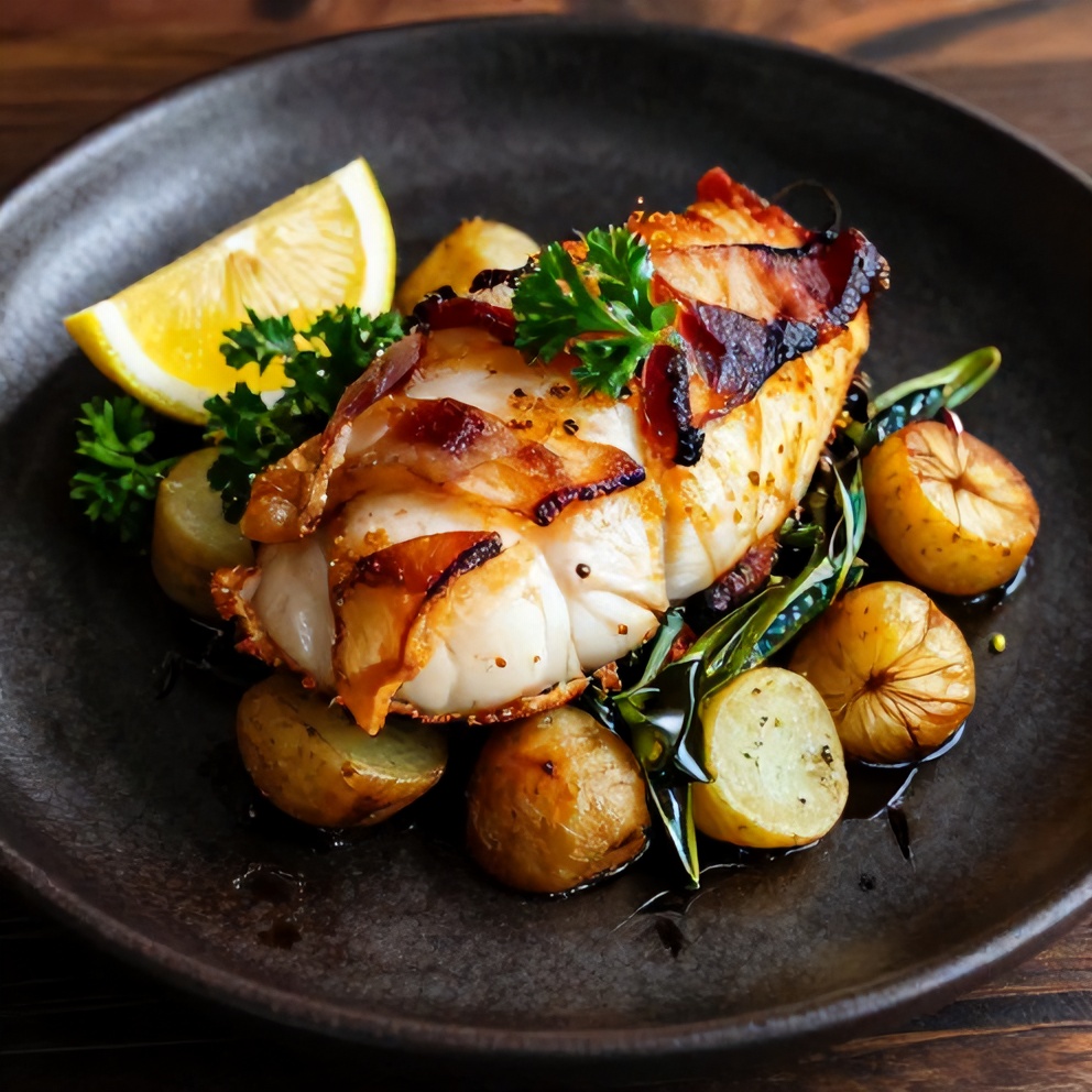 Crispy Bacon Wrapped Monkfish with Potatoes and Samphire