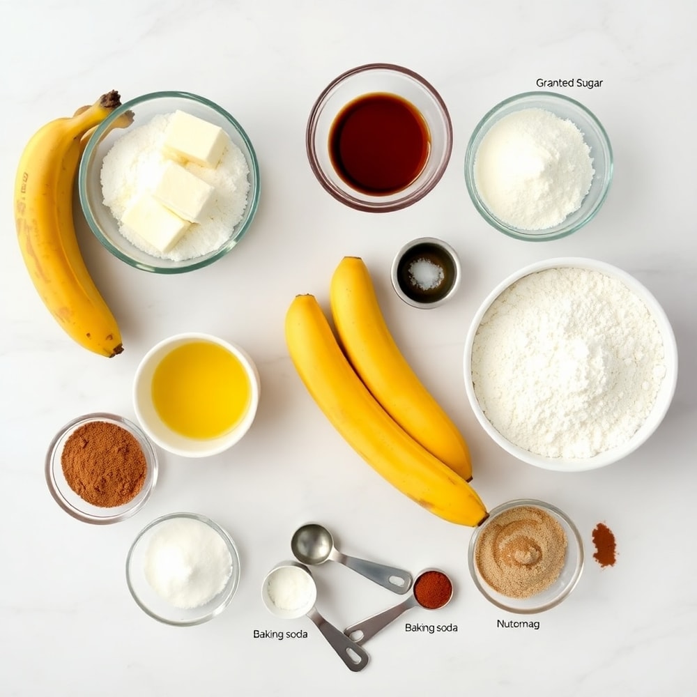Ingredients for Banana Bread Brownies on a marble counter
