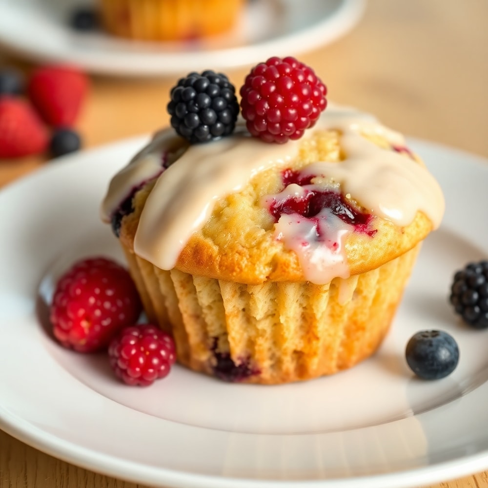Plated berry cream cheese muffins with cream cheese glaze