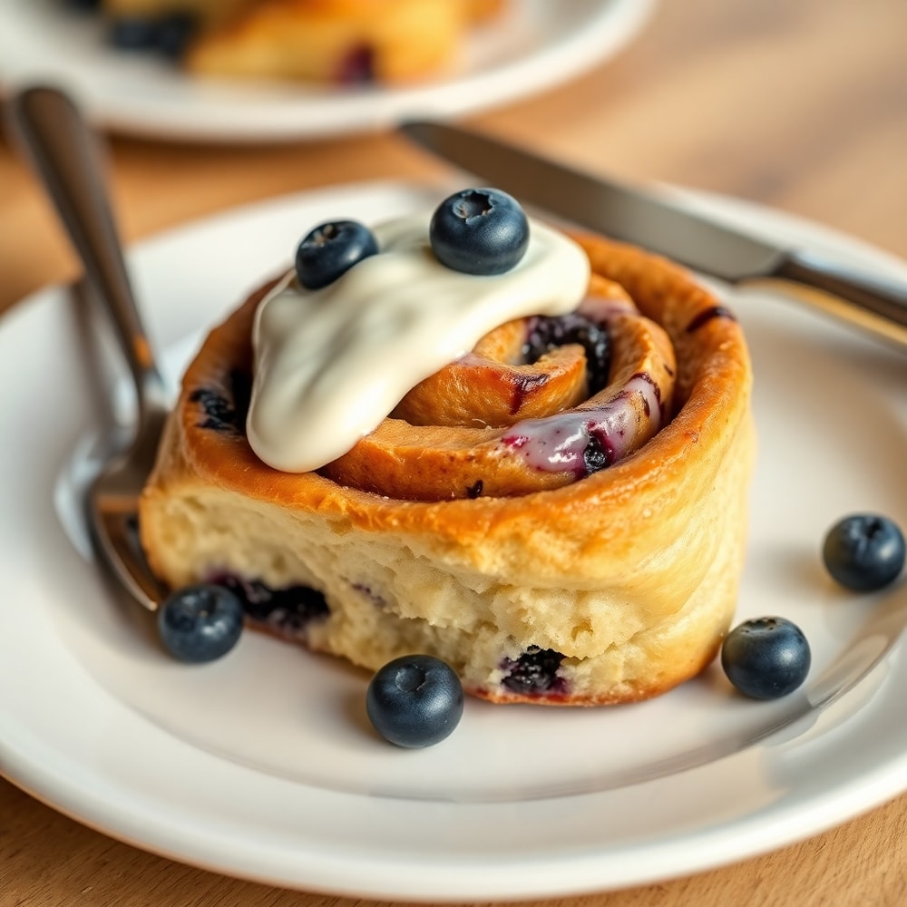 Blueberry Cinnamon Roll on a plate with a knife