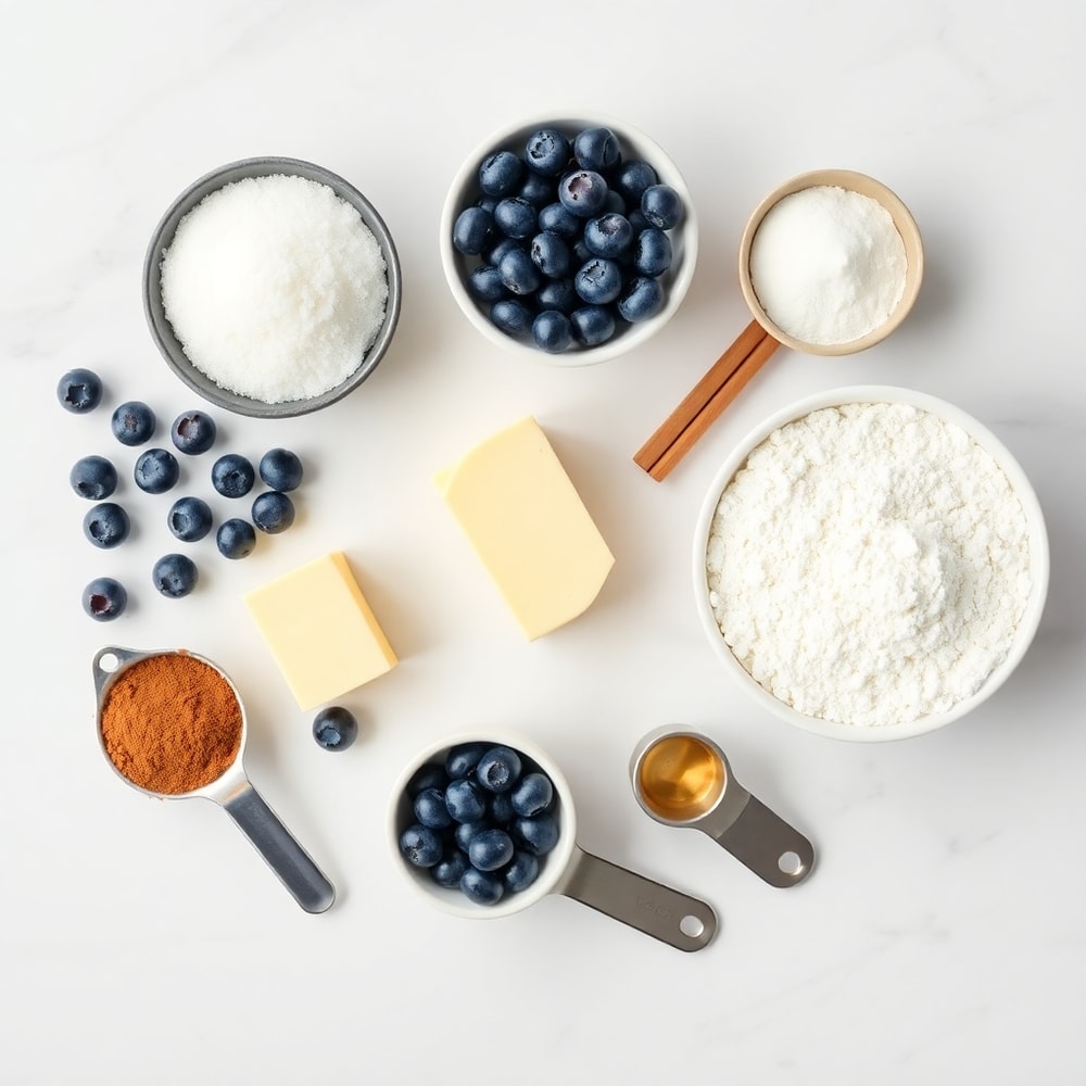 Blueberry Cinnamon Roll ingredients arranged on marble surface
