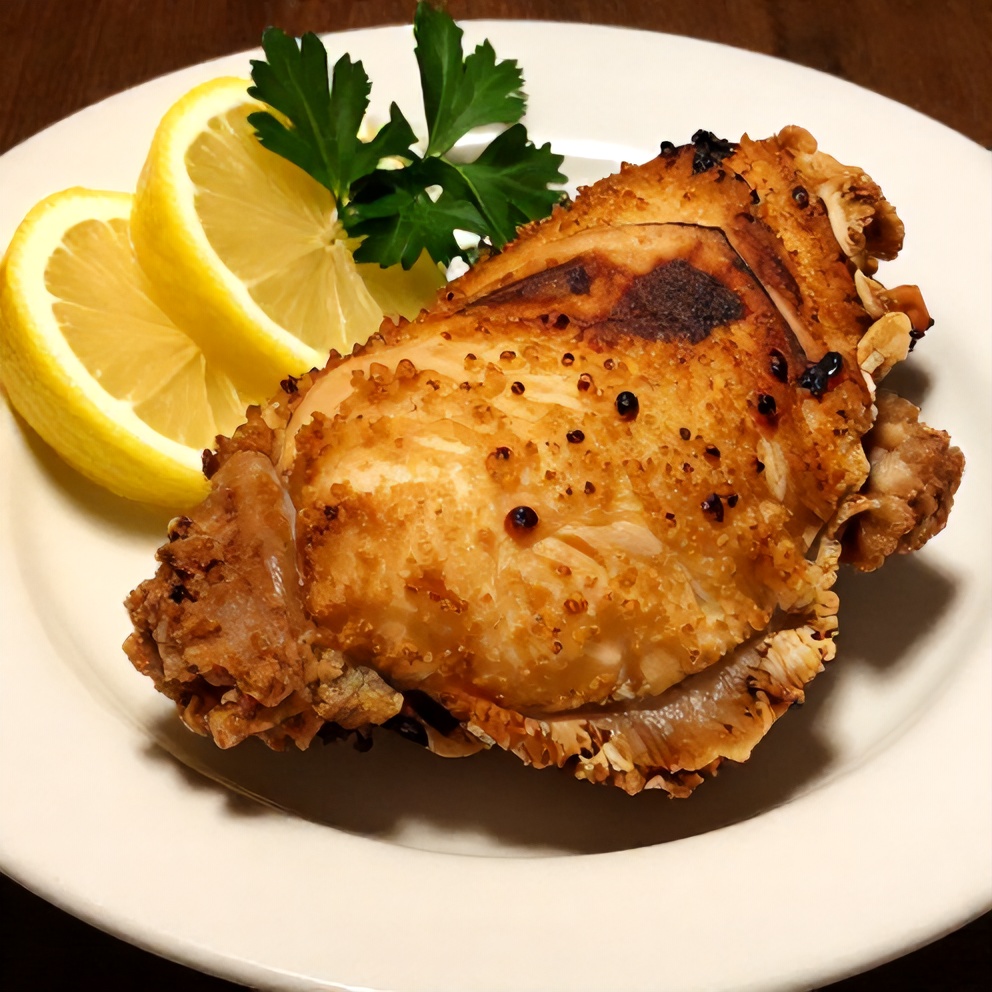 Plated Chicken Kiev with lemon wedges on a white plate