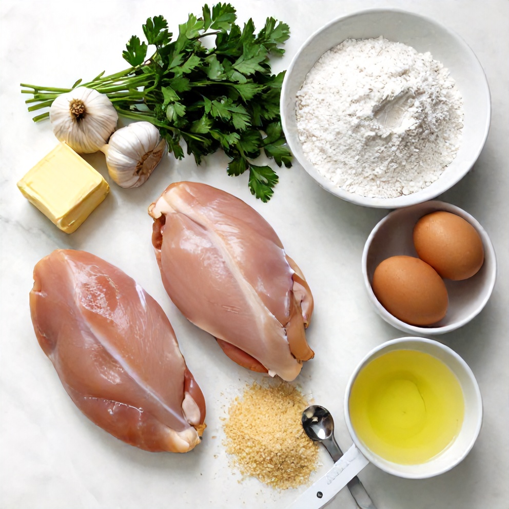 Raw ingredients for Chicken Kiev on a white marble surface
