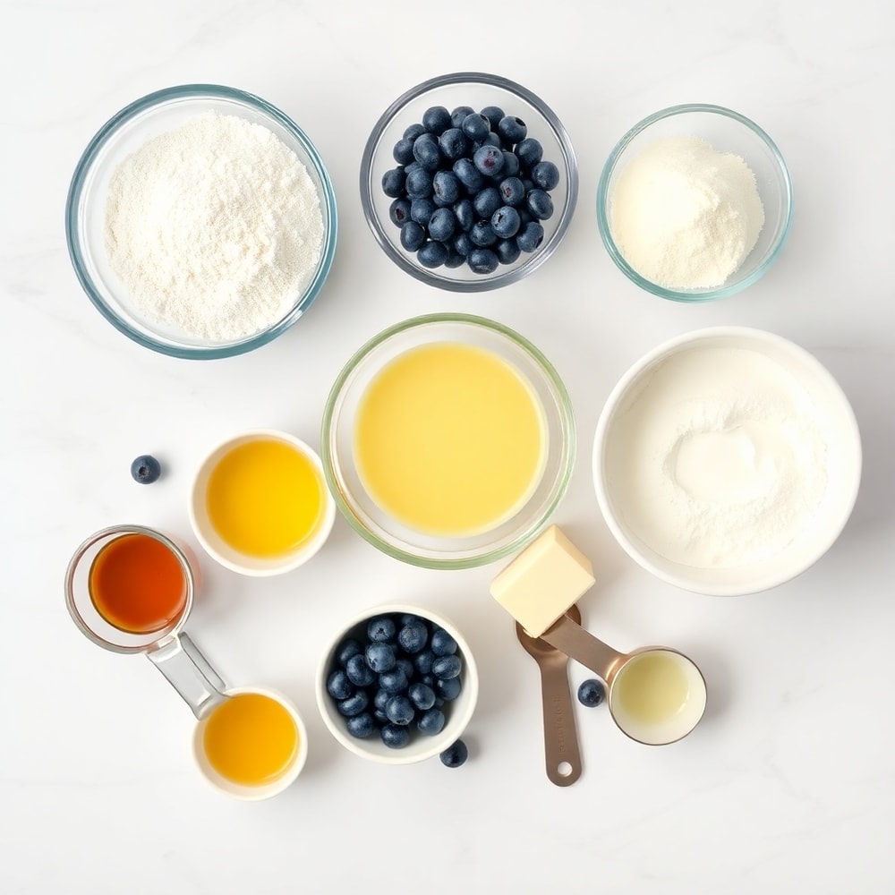 Blueberry Cake Donuts ingredients on a white marble surface