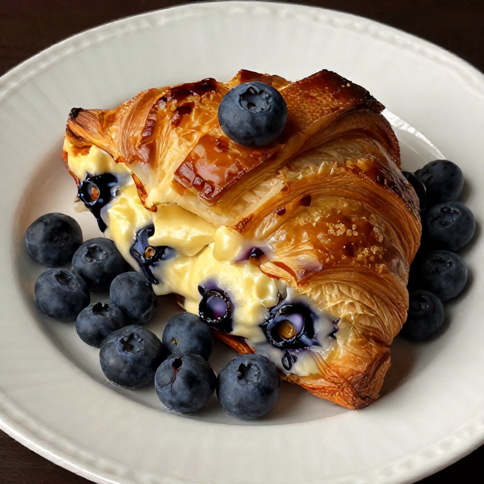 One perfect plated serving of Blueberry Cream Cheese Croissant Casserole on a white plate, garnished with fresh blueberries. Warm side lighting highlighting the crispy edges and creamy texture.