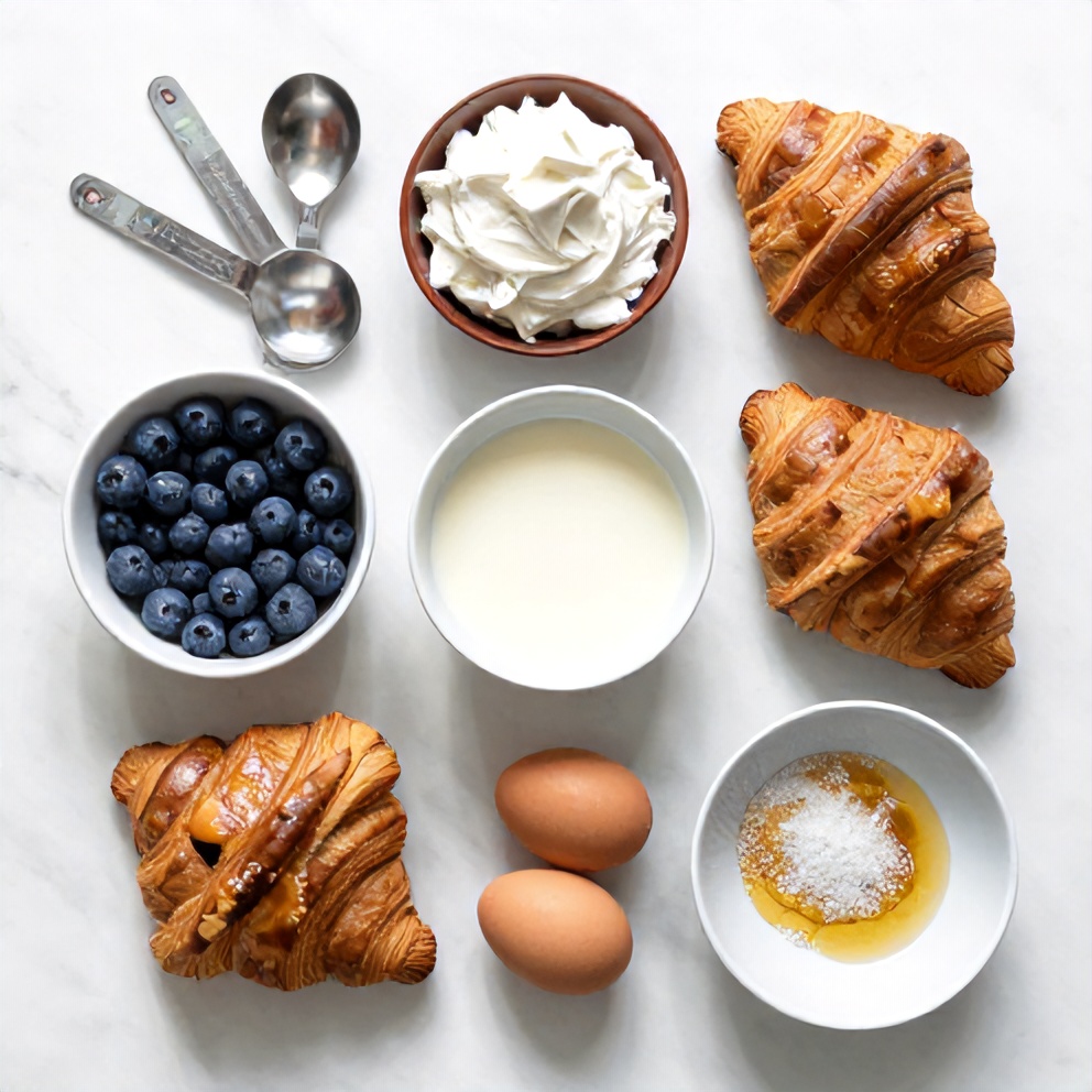 Overhead flat lay of raw ingredients: croissants, cream cheese, blueberries, eggs, milk, sugar, vanilla extract, arranged on a white marble surface with measuring spoons and bowls. Bright even light.