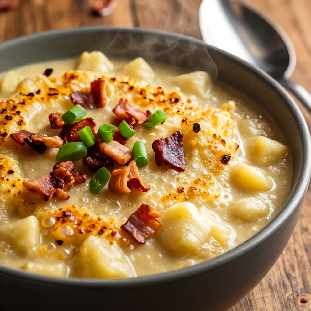 Bowl of Cajun Potato Soup with garnish