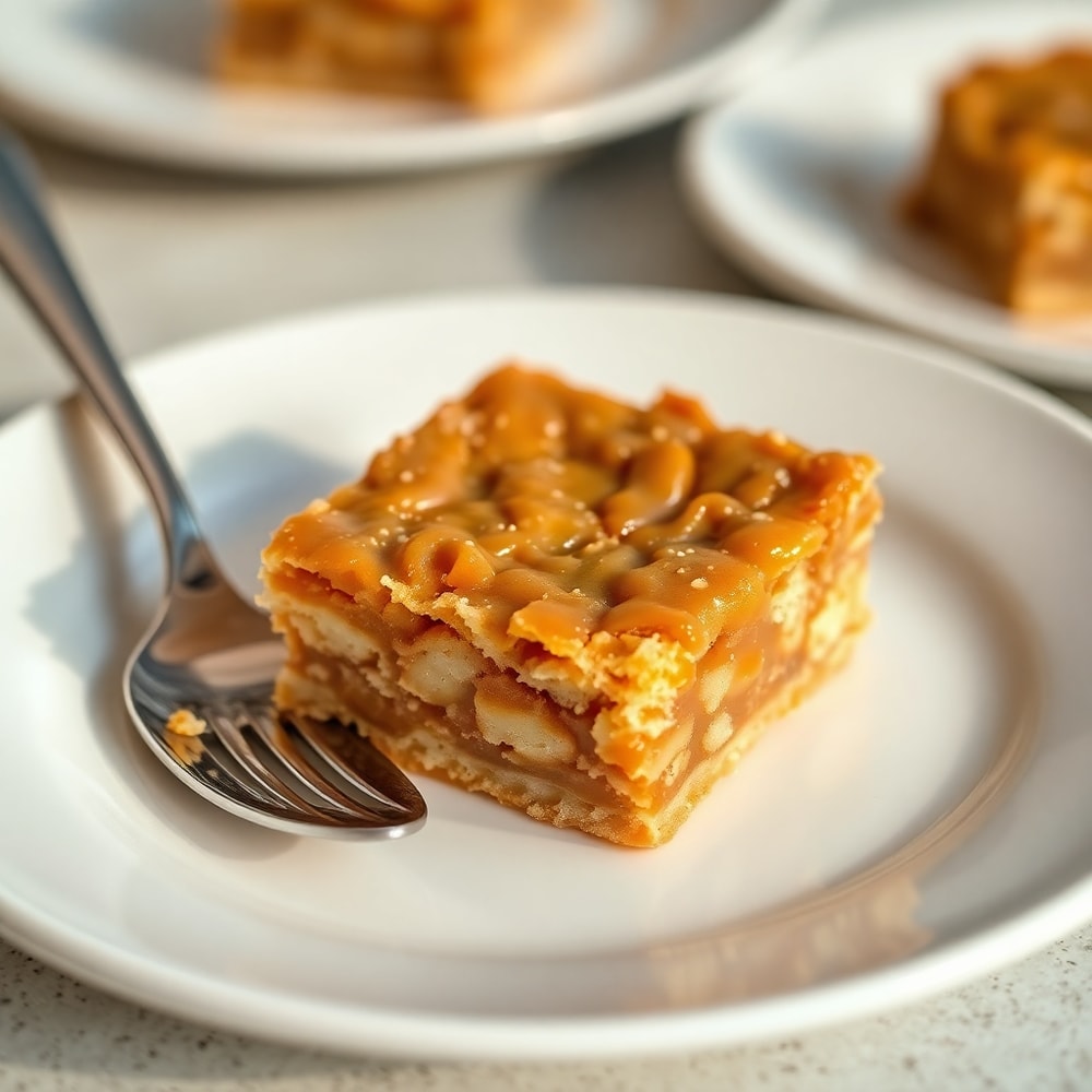 Caramel Crush Bars on a white plate with a spoon