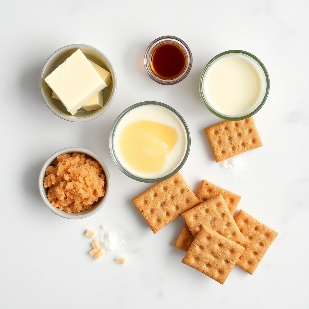 Caramel Crush Bars ingredients on a white marble surface