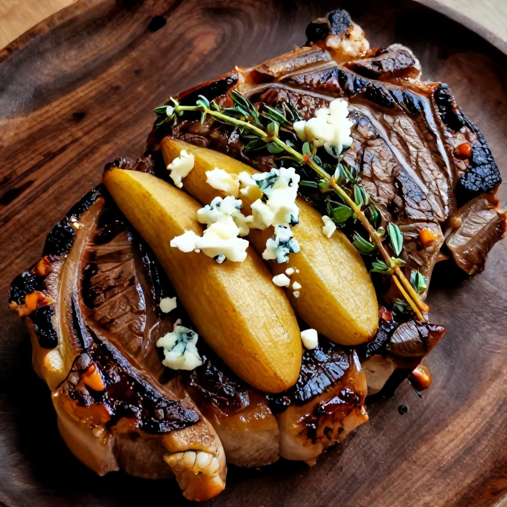 Cast Iron Ribeye Steak with Pears and Blue Cheese plated