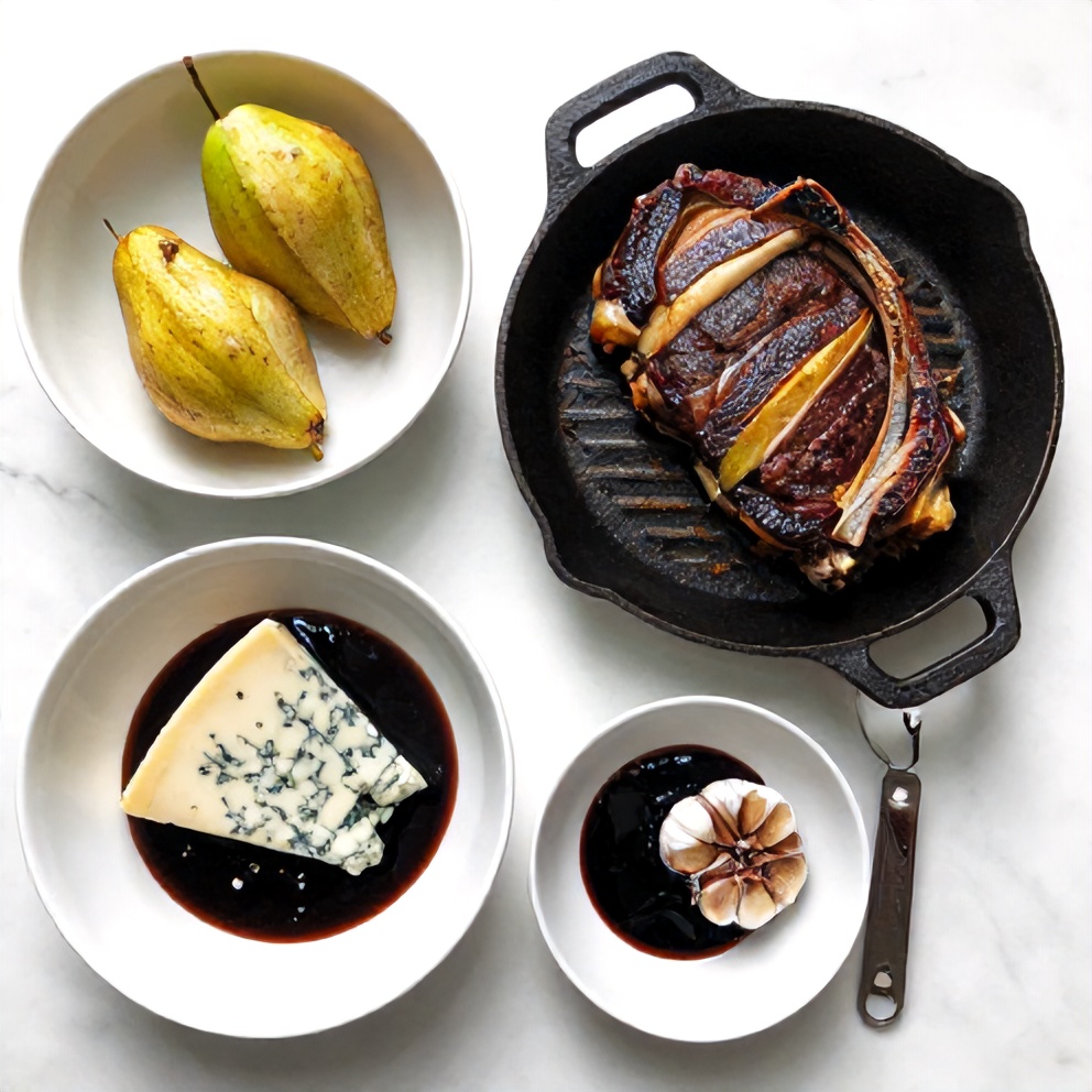 Raw Ingredients for Cast Iron Ribeye Steak with Pears and Blue Cheese
