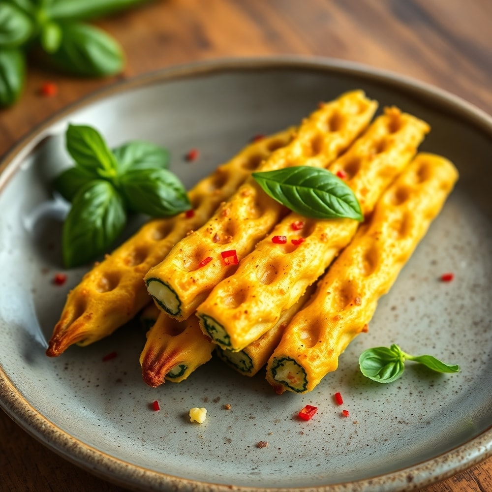 Plated Cheesy Zucchini Breadsticks with fresh basil on a rustic plate