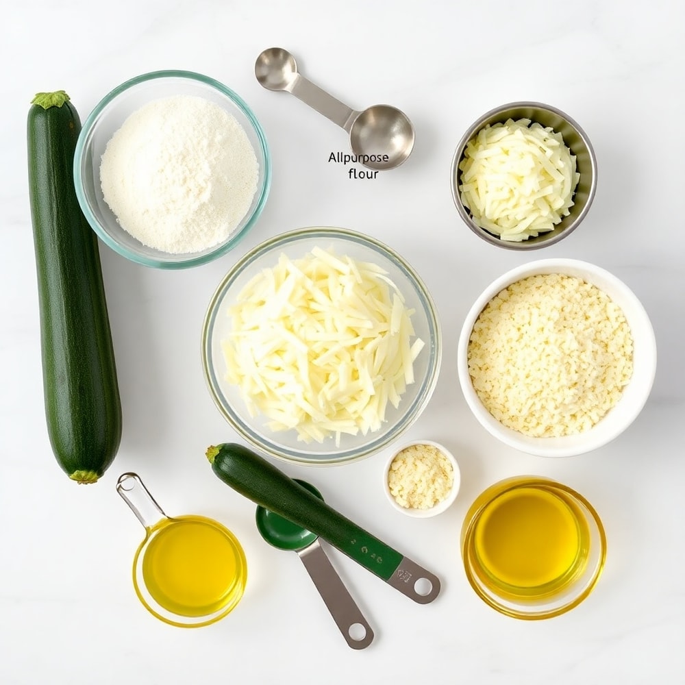 Raw ingredients for Cheesy Zucchini Breadsticks on a white marble surface