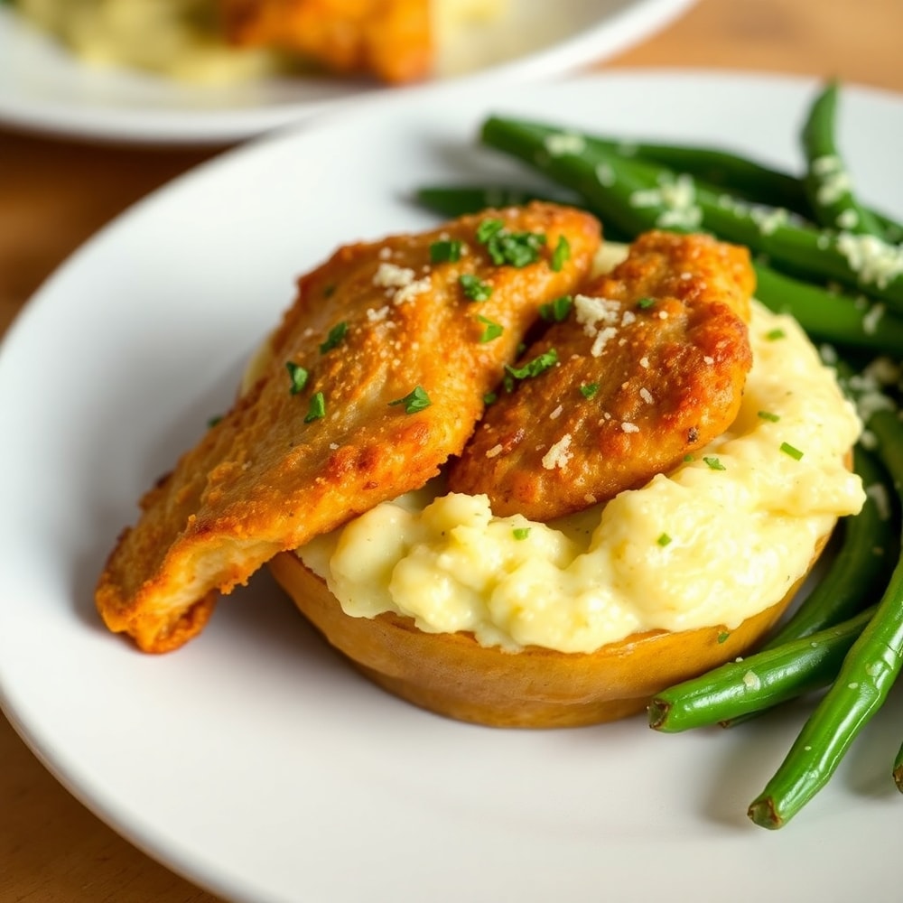 Plated Chicken Mashed Potato Bowls with crispy chicken, creamy potatoes, and a side of green beans