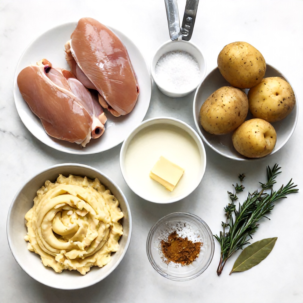 Raw ingredients for Chicken Mashed Potato Bowls including chicken, potatoes, and seasonings